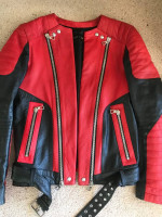 Authentic Balmain x H&M Black Red Leather Moto Jacket 36R