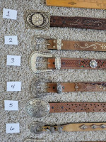 Full grain leather belts; western, rhinestone, conch designs; sz 34/36