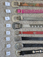 Full grain leather belts; western, rhinestone, conch designs; sz 34/36
