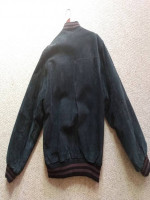 NEW Oscar Piel Black & Brown Leather Baseball Style Jacket Knit Cuff