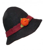 Handmade Black Felt Cloche Hat XL Maroon Headband Orange Gold Flower