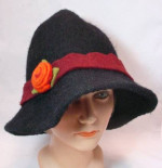 Handmade Black Felt Cloche Hat XL Maroon Headband Orange Gold Flower