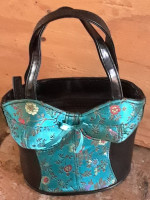 Vintage Retro Turquoise Floral Corset Black Handles Ties on Back Purse