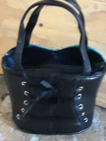 Vintage Retro Turquoise Floral Corset Black Handles Ties on Back Purse