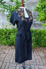 Vintage 1940's Black Cocktail Dress With Peplum, ruffle & sequins