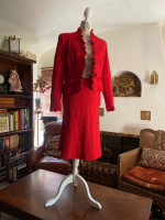 8 ESCADA DESIGNER COUTURE RED SUIT  with RUFFLED BOLERO JACKET