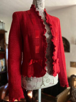 8 ESCADA DESIGNER COUTURE RED SUIT  with RUFFLED BOLERO JACKET