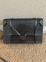 Christian Dior Metallic Patent Micro-Cannage Diorama Wallet on Chain Pouch, Gray