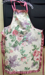 New Full Apron w/Bib Floral Design of Pink Roses & Lilacs Pink Ruffle
