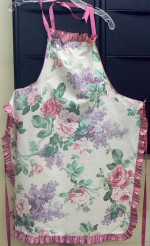 New Full Apron w/Bib Floral Design of Pink Roses & Lilacs Pink Ruffle