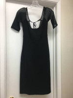 ABS EVENING BLACK DRESS w SHEER SHORT SLEEVES LOW BACK Sz S Never Worn