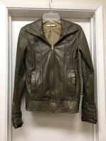 MIKE & CHRIS OLIVE GREEN LEATHER JACKET w HOOD Sz XS