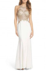 White and Gold Embroidered Mermaid Gown / Prom Dress