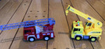 Set of 2 Toy Fire Truck and Crane, extendable ladder/crane and sound!