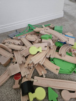 Kids Wooden Railroad with tracks/locomotives/cars