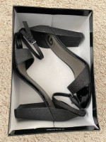 women's black glitter Guess 4 inch high sandals dress shoes