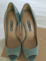 PRADA CALZATURE CAMOSCIO WOMENS HEELS SHOES, POWDER BLUE SUEDE, NEW