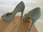 PRADA CALZATURE CAMOSCIO WOMENS HEELS SHOES, POWDER BLUE SUEDE, NEW