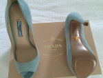 PRADA CALZATURE CAMOSCIO WOMENS HEELS SHOES, POWDER BLUE SUEDE, NEW