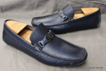 Ferragamo Bit Loafers Navy Blue Pebbled Leather Men's Drivers Shoes