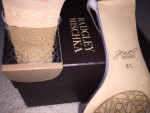 Jewel by Badgley Mischka Silver Gray Satin Block Heel Shoes size 8.5 M