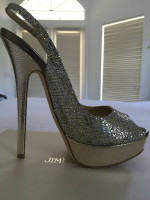 JIMMY CHOO GLITTER CHAMPAGNE PEEP-TOE PLATFORM HEELS, SHOE BAG/BOX NEW