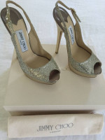 JIMMY CHOO GLITTER CHAMPAGNE PEEP-TOE PLATFORM HEELS, SHOE BAG/BOX NEW