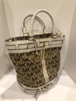 Michael Kors White Leather Tan Logo Canvas Bucket Bag Purse