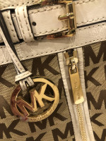 Michael Kors White Leather Tan Logo Canvas Bucket Bag Purse