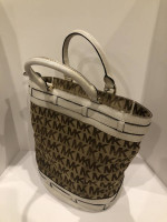Michael Kors White Leather Tan Logo Canvas Bucket Bag Purse