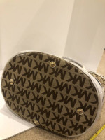 Michael Kors White Leather Tan Logo Canvas Bucket Bag Purse