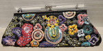 Small Satin Colorful Floral Embroidered Beaded Clutch Hand Bag Glass Bead Handle