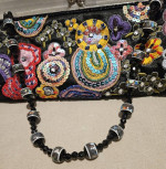 Small Satin Colorful Floral Embroidered Beaded Clutch Hand Bag Glass Bead Handle