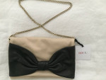 RED VALENTINO WOMENS LEATHER HANDBAG, TAUPE W/BLACK LEATHER BOW, NEW