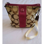 Coach Signature C Pattern Khaki & Pink Leather Tote Purse Handbag