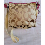 Coach Signature C Pattern Khaki & Pink Leather Tote Purse Handbag
