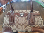 Brown Leather and Jacquard Coach Logo Purse / Handbag