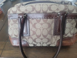 Brown Leather and Jacquard Coach Logo Purse / Handbag