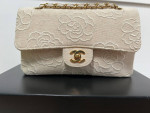 Ivory Camellia Embroidered Small Linen Classic Double Flap Gold Hardwa