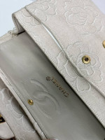 Ivory Camellia Embroidered Small Linen Classic Double Flap Gold Hardwa