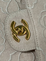 Ivory Camellia Embroidered Small Linen Classic Double Flap Gold Hardwa