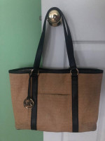 MICHAEL KORS Navy Leather/Beige Woven Handbag Tote