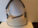 Etienne Aigner Small Cream Cloth with Navy Leather Trim Handbag