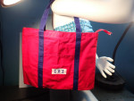 Red Zippered Fabric Tote Bag: Blue Nylon Handles & Front Pocket, New!