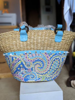 Vera Bradley Purse Capri Blue Pattern Straw Tote Beach Bag - New