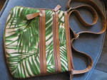 Purse--fabric crossbody green/cream, tan straps. Like new