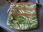 Purse--fabric crossbody green/cream, tan straps. Like new