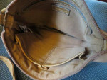 Purse--fabric crossbody green/cream, tan straps. Like new