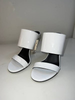 Balmain  women’s LORY LOGO CLEAR HEEL SLIDE SANDAL IN WHITE size 37.5