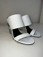Balmain  women’s LORY LOGO CLEAR HEEL SLIDE SANDAL IN WHITE size 37.5